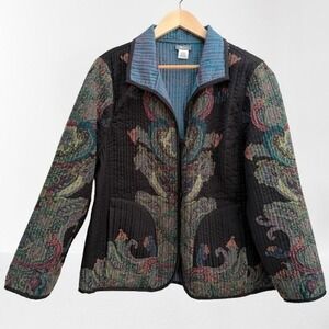 Vintage ANU Wool Silk Quilted Reversible Paisley Jacket Teal Black Large